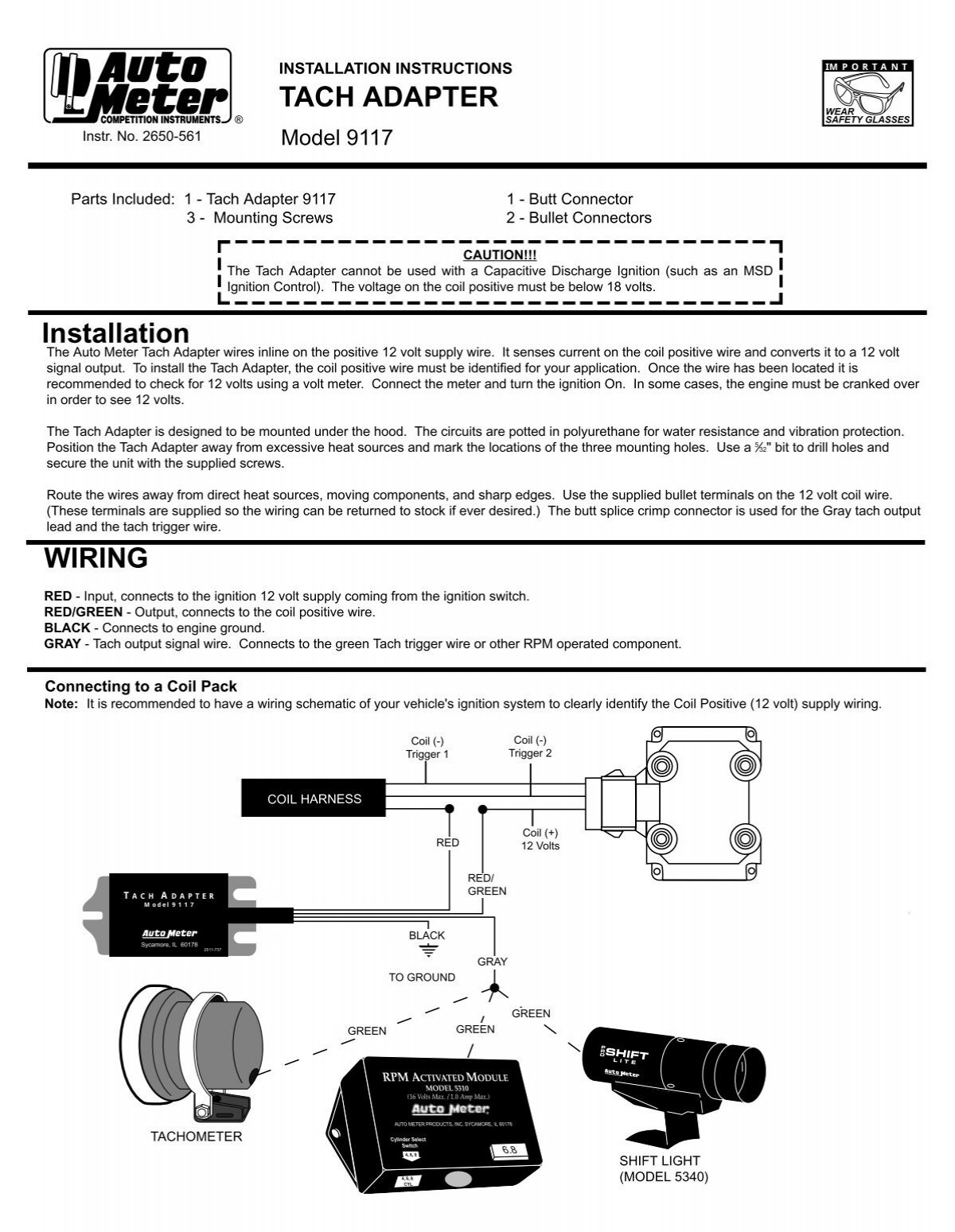 Auto Meter 9117 Tachometer Adapter Installation Instructions Jegs