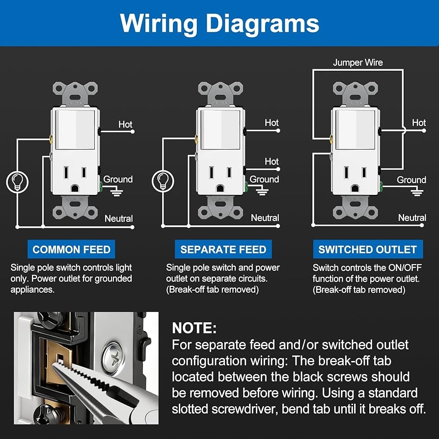 BESTTEN 2 Pack Combination Wall Light Switch And Decor Outlet Single Pole Rocker Switch 15A 120V Decorative Receptacle 15A 125V Combo Style Wallplate Included Side Wire UL Listed White Amazon Tools Home Improvement
