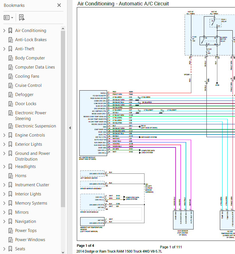 Dodge RAM 1500 2014 Color Wiring Diagram Schematic V8 5 7L 4WD Pdf EBay