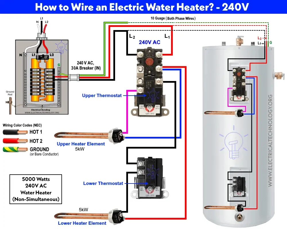 How To Wire 240V 230V Water Heater Thermostat Non Continuous