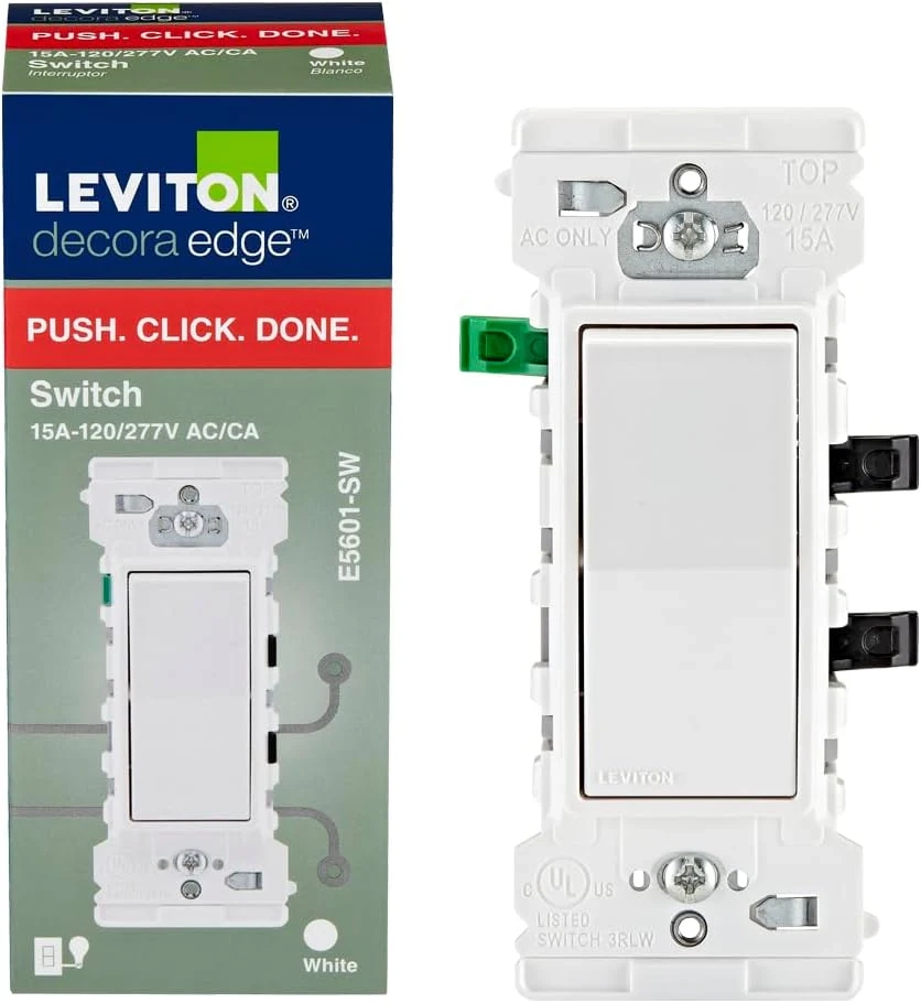Leviton E5601 Decora Edge 15 Amp Single Pole Rocker Switch White
